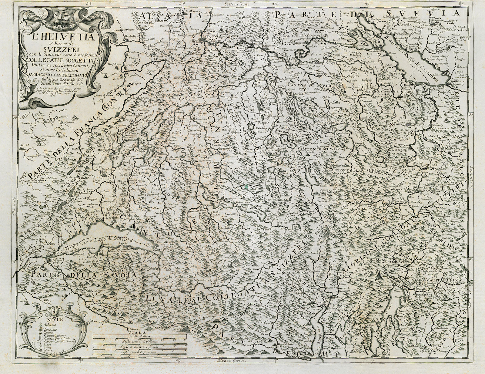 L'Helvetia o'Paese de Svizzeri. Switzerland Suisse. DE ROSSI / CANTELLI 1686 map